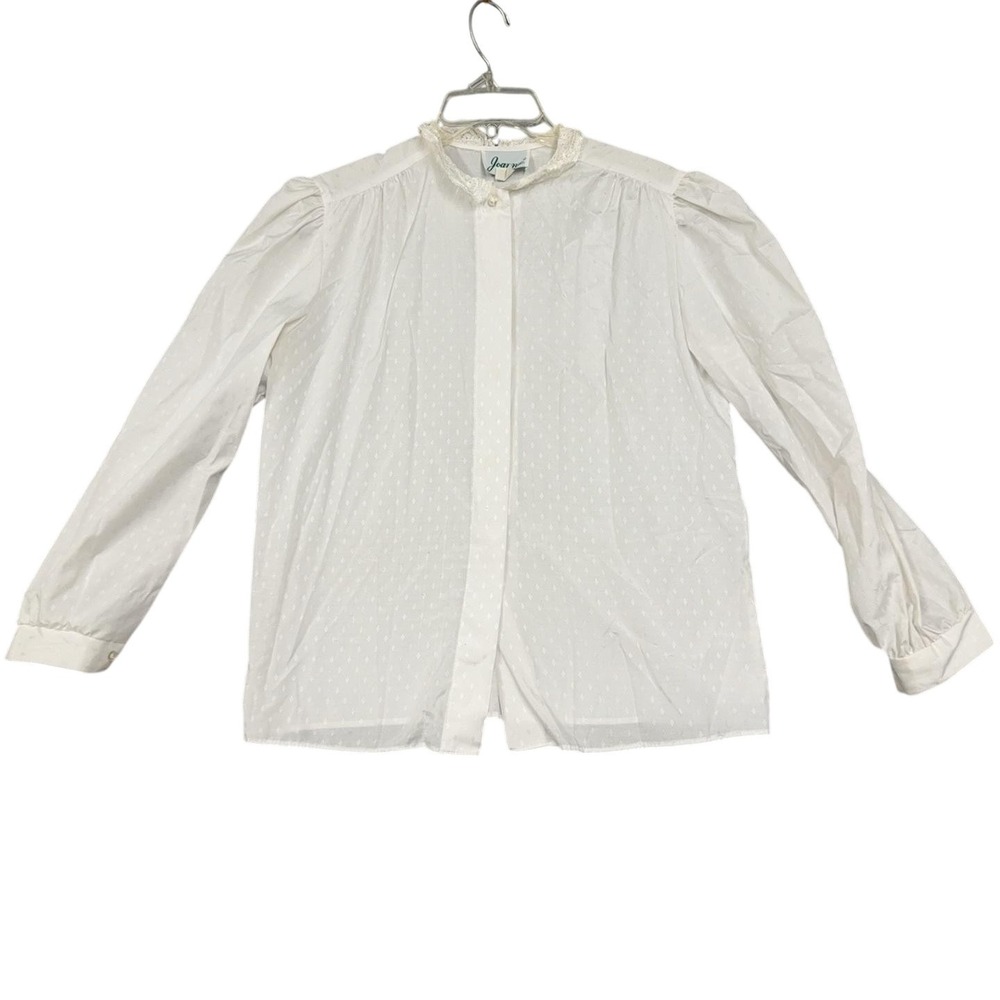 Vintage Joanna Blouse Womens 12 White Lace Ruffle Collar Diamond Long Sleeve